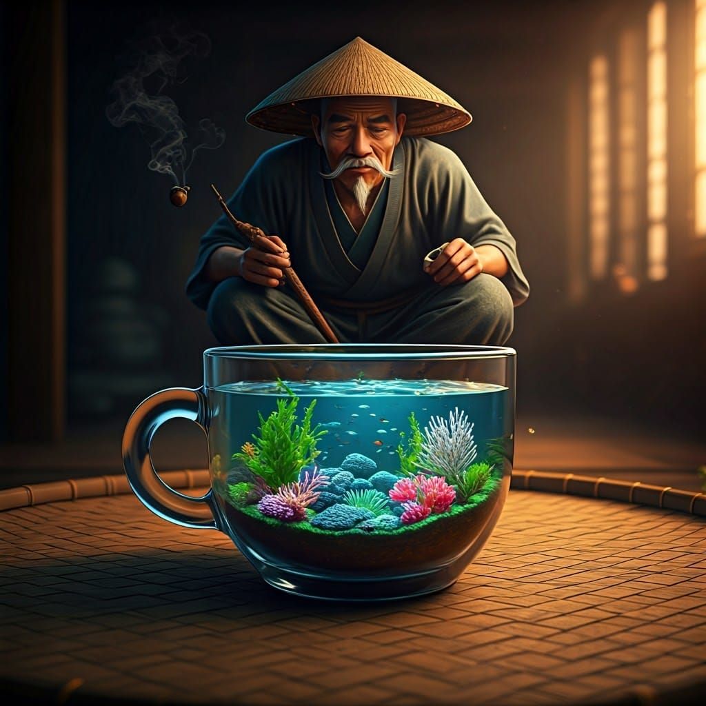 Miniature Aquarium in Glass Cup with Fisherman