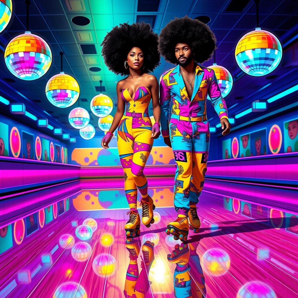 Retro-Futuristic Couple Gliding Through Neon Roller Rink