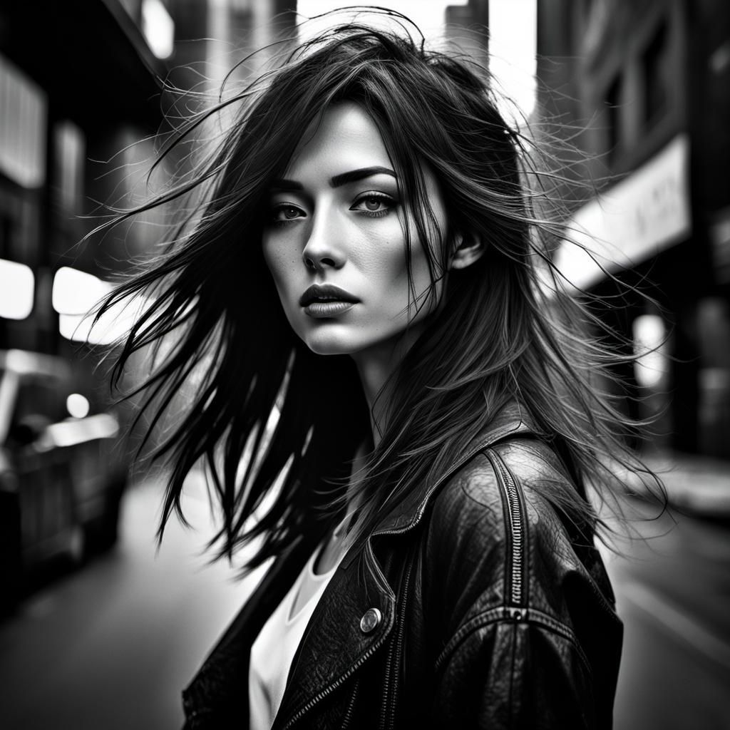 Noir Portrait of Brunette in Cyberpunk Cityscape