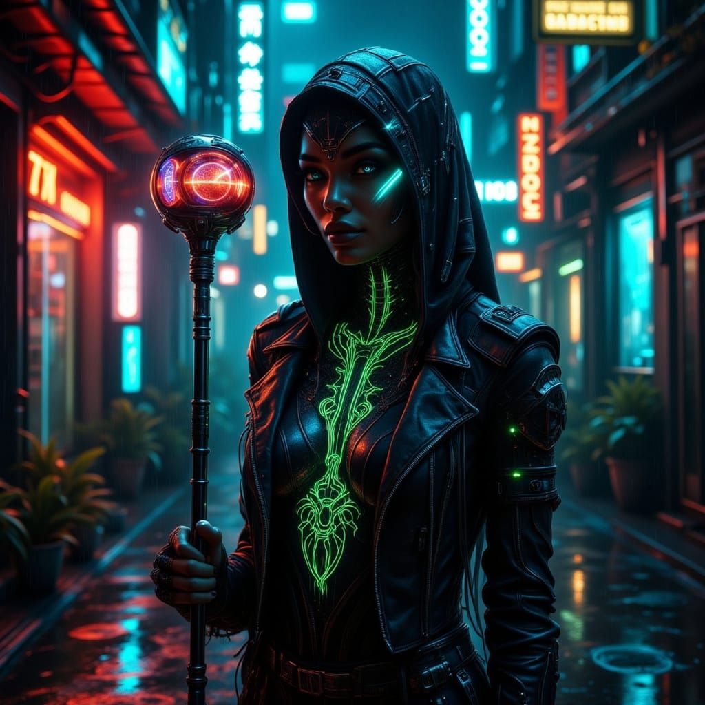 Afrocentric Voodoo Priestess in Futuristic Cyberpunk City