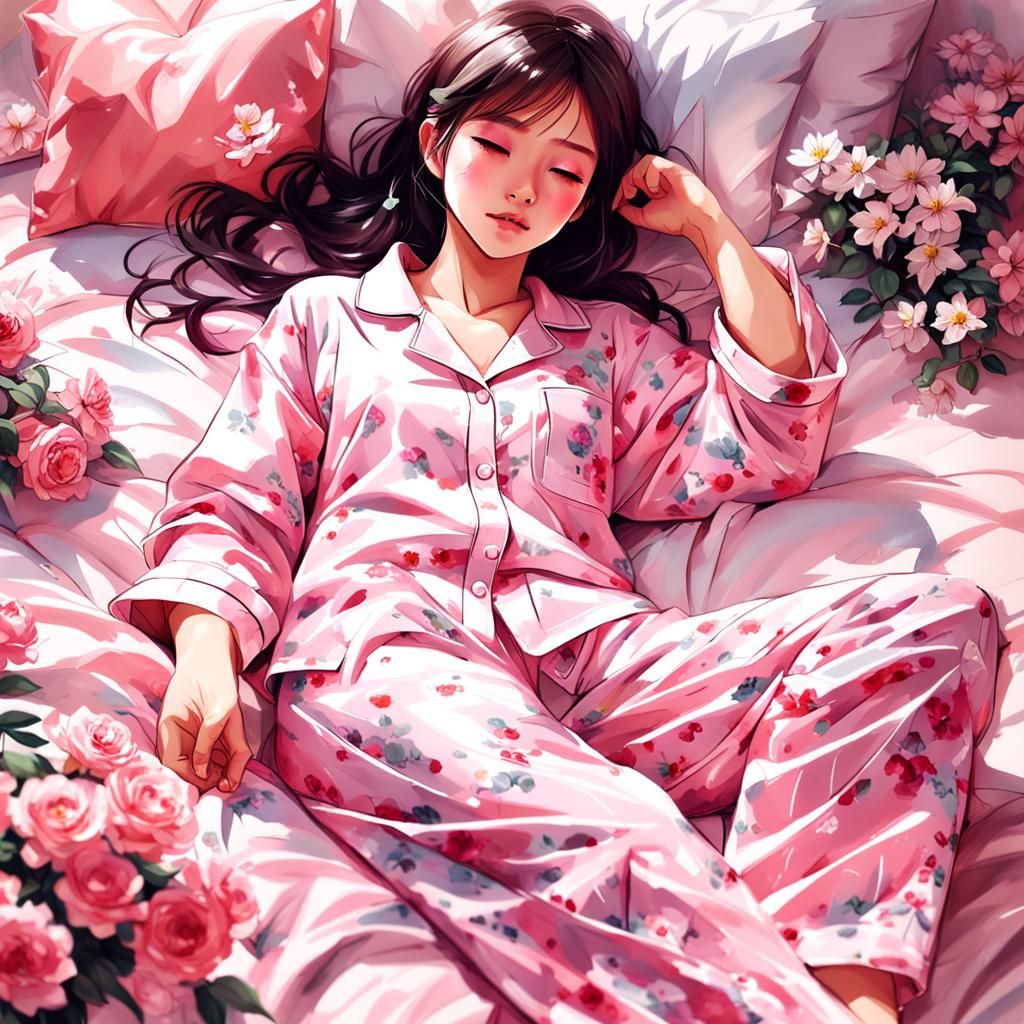 Asian Woman in Pink Pajamas: Photorealistic Digital Art
