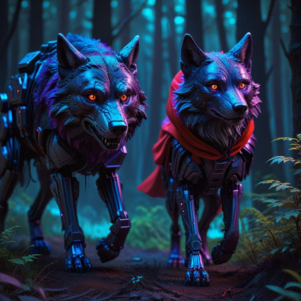 Little Red Riding Hood with Robot Wolf in Neon Forest