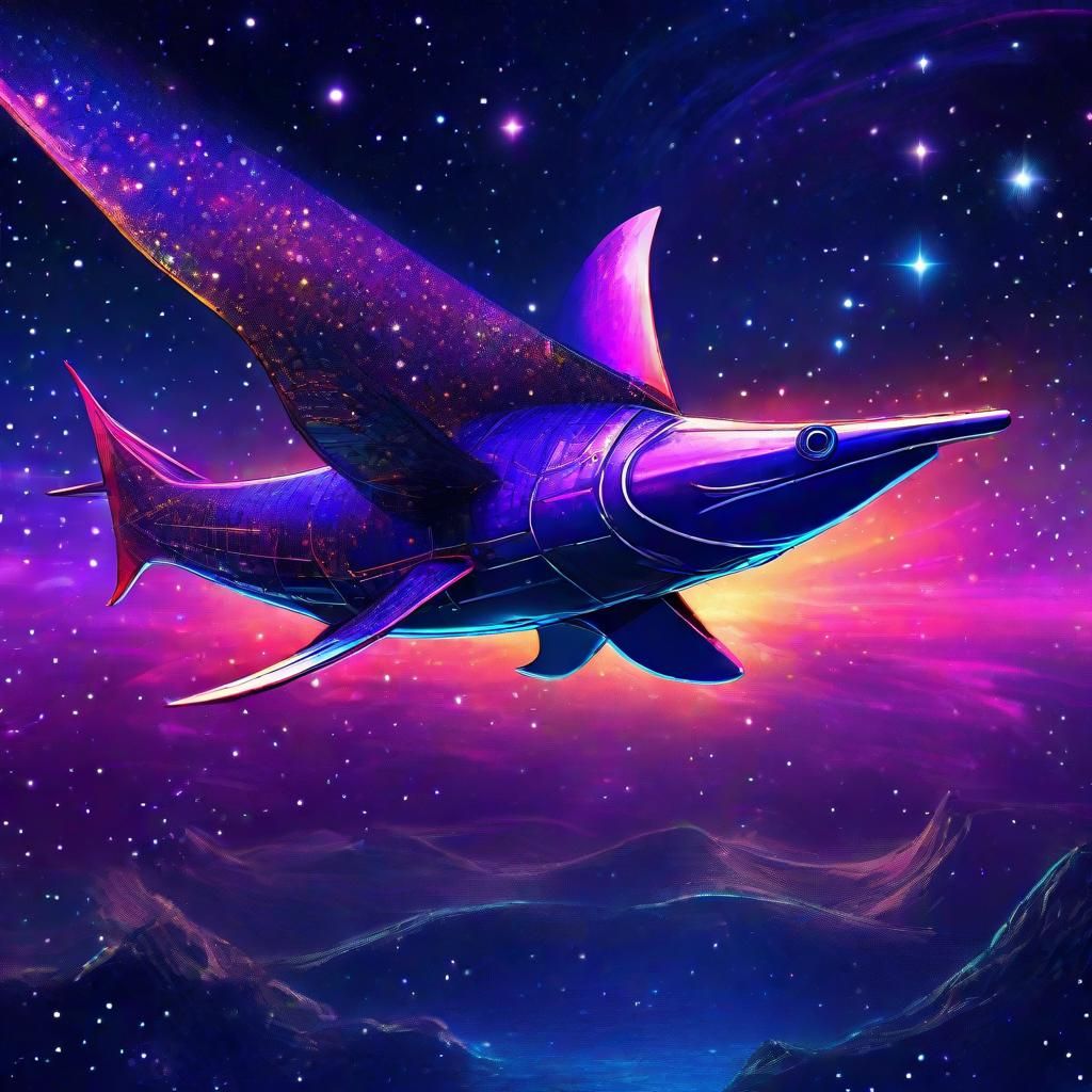 Swordfish Rocketship Soaring Through Starry Skies