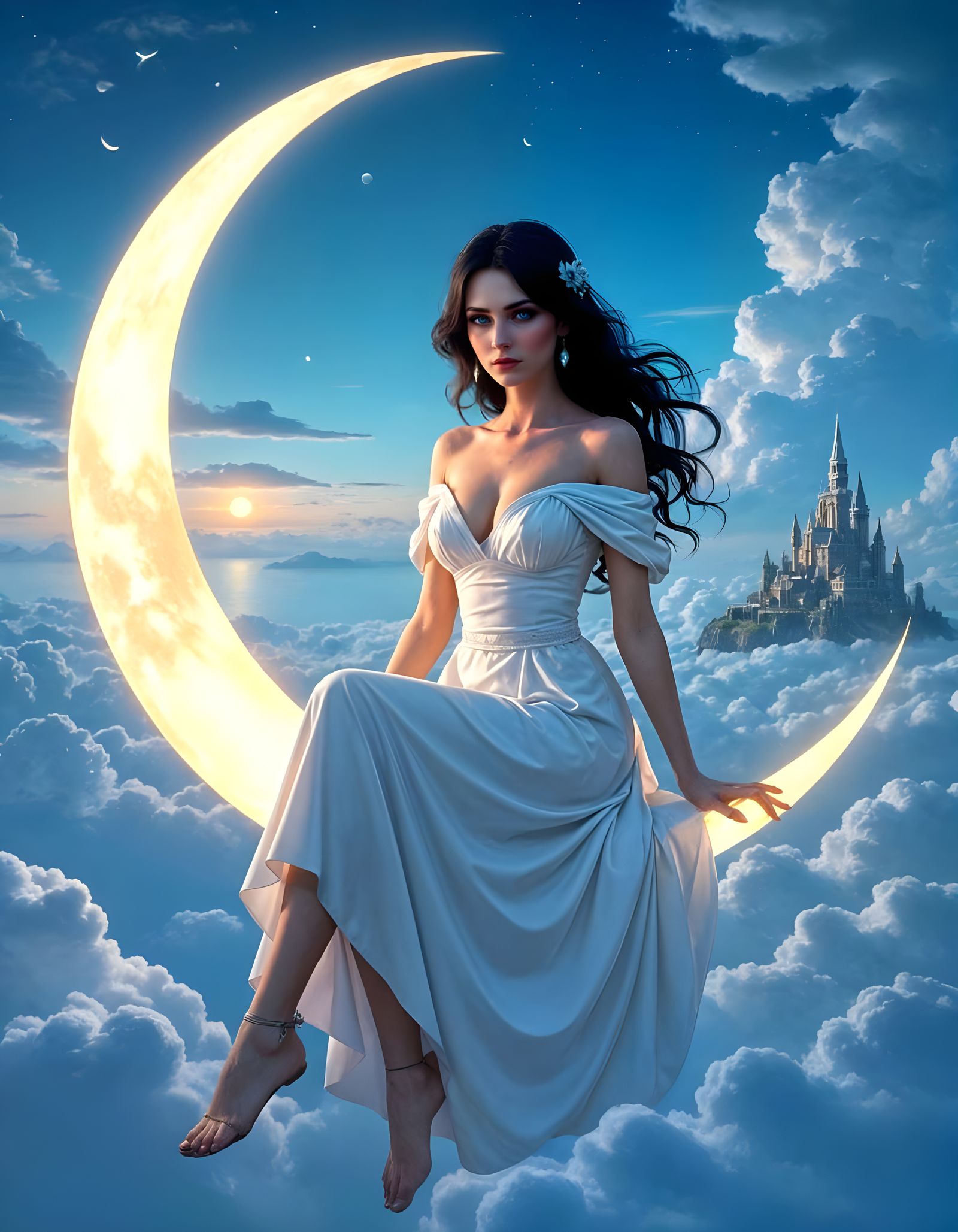 Woman on Crescent Moon with Cityscape View