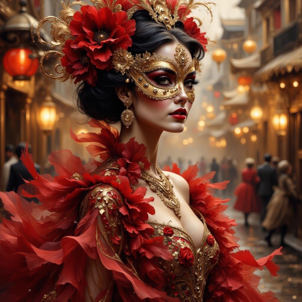 Stunning Carnival Queen in Ornate Gold and Red Outfit