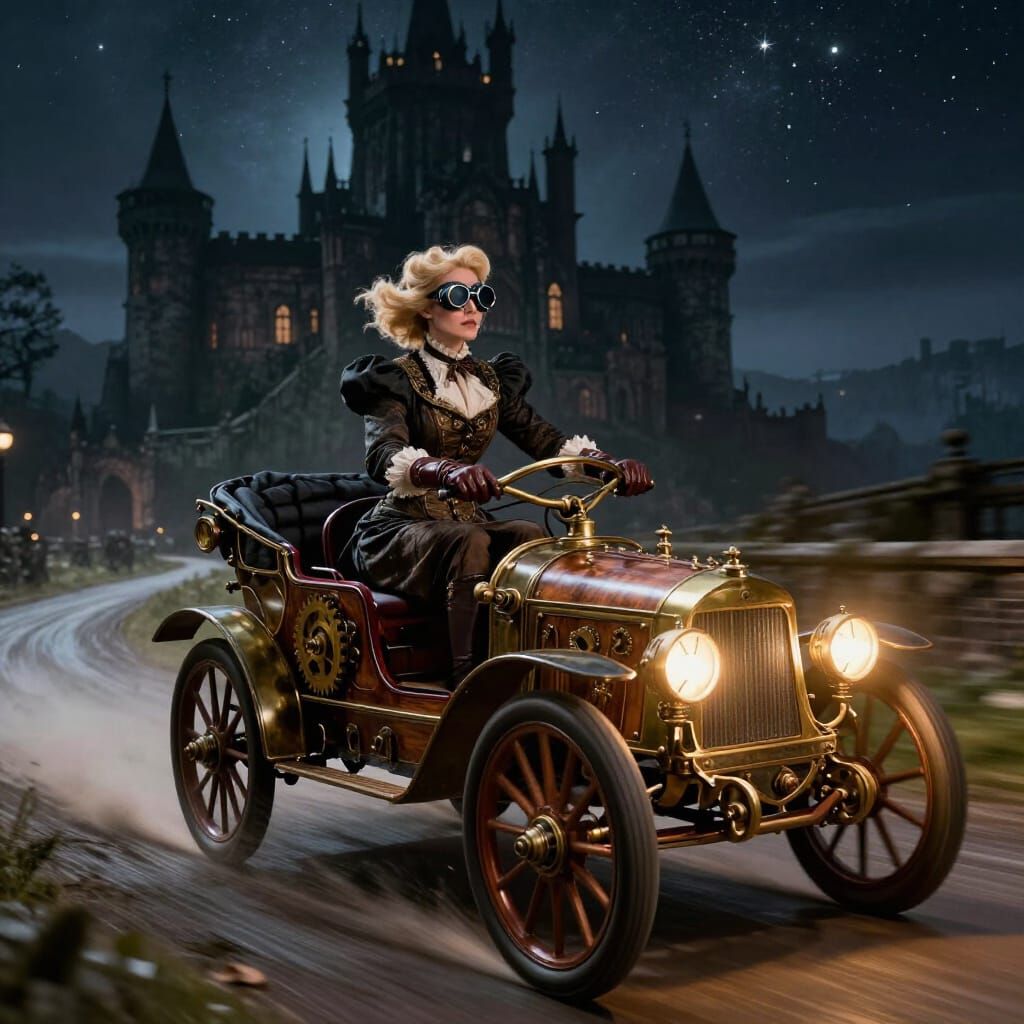 Steampunk Car Escapes Gothic Castle Under Moonlight