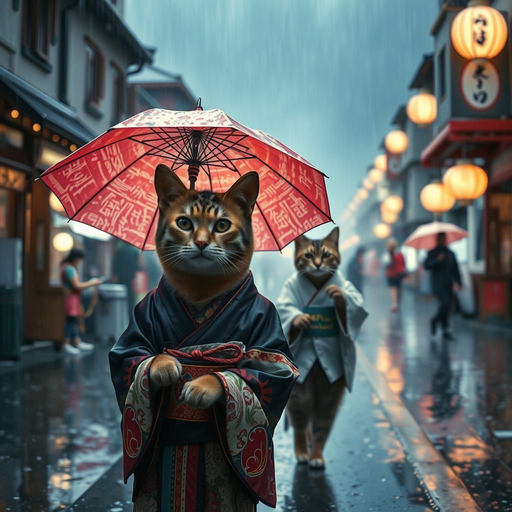 Stunning Kimono-clad Furry Friends in Epic Rainy Cinematic S...