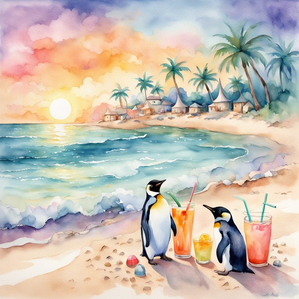 Penguins Enjoying a Tropical Beach Vacation in Watercolor