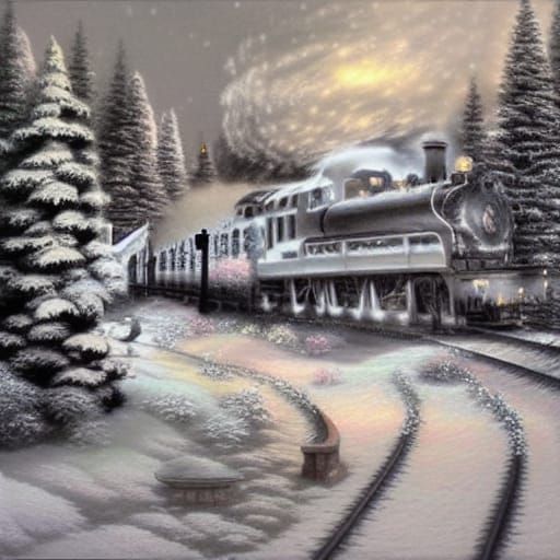 Snowy Christmas Trains in Ethereal Charcoal Drawing