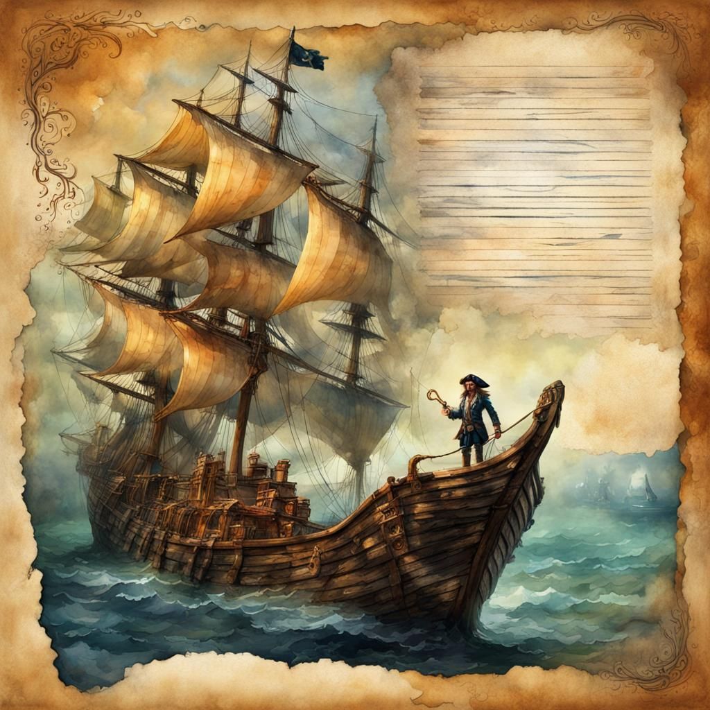 Pirate Ship Mermaid on Journal Page in Watercolor