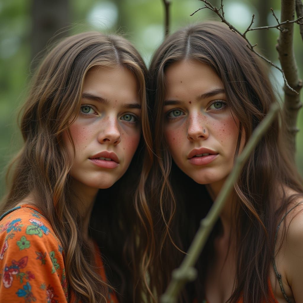 Two Young Hippies in Forest Landscape