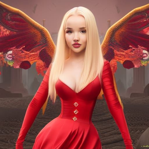 Dove Cameron in Red Chinese Dress: Detailed Matte Painting