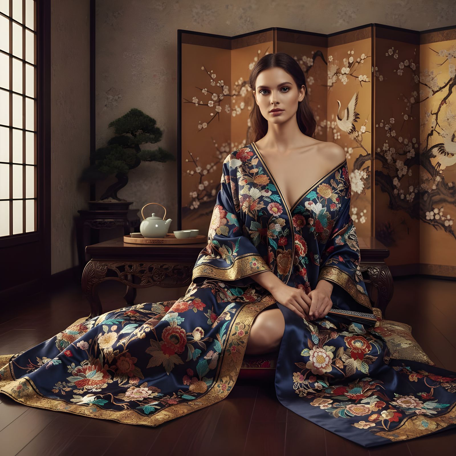 Stunning Woman in Opulent Japanese Interior with Silk Kimono