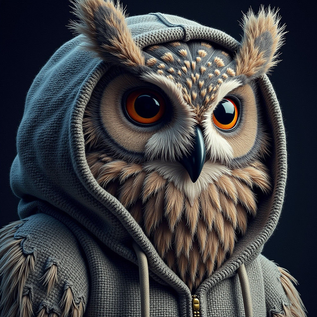 Hand-Embroidered Owl with Hoodie in Hyperrealism