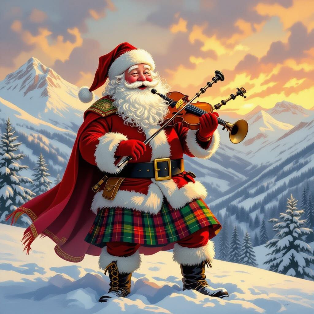 Jovial Santa Claus Plays Bagpipes in Scottish Highlands