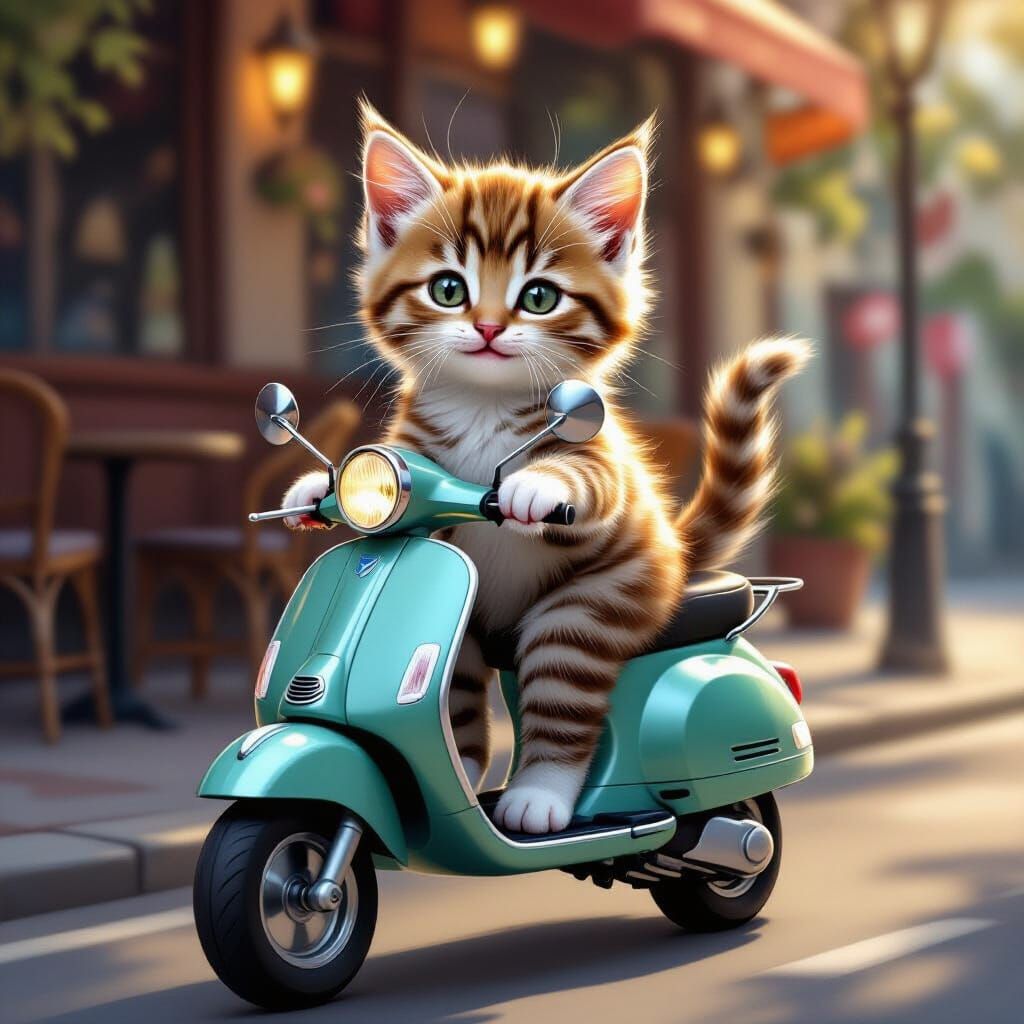 Kitten on Scooter Near Bar, Realistic Style