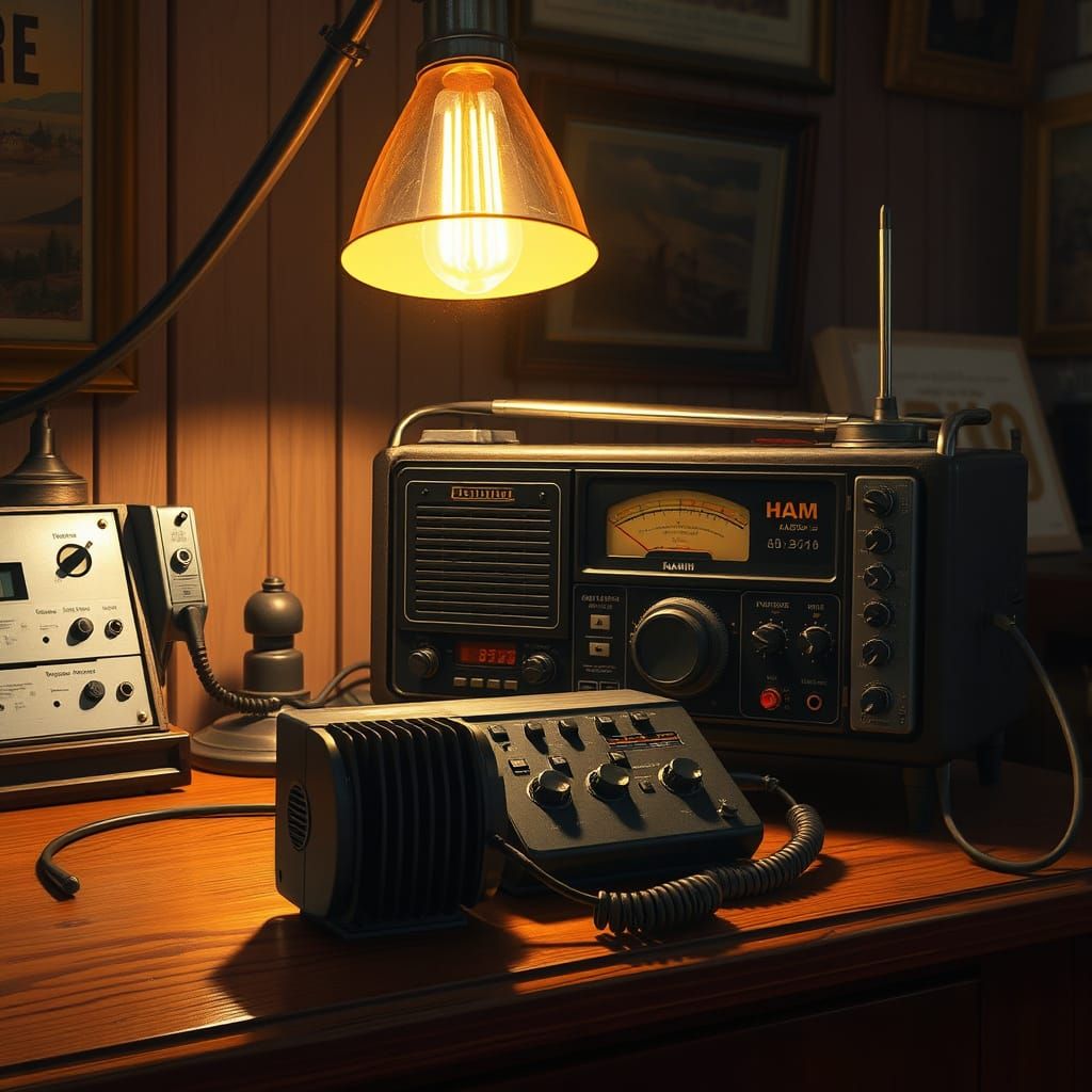 Vintage HAM Radio Setup with Warm Lamp Light
