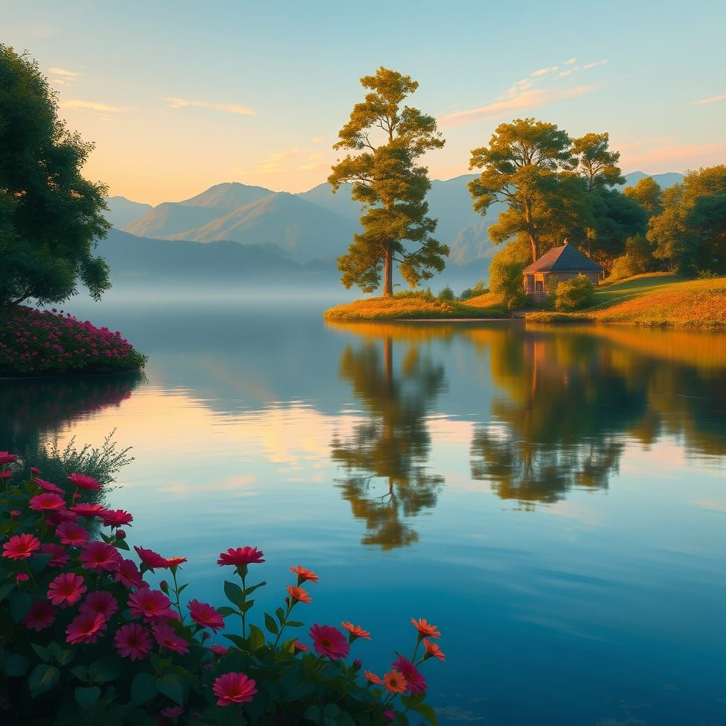 Impressionist Indian Lake at Dusk with Lush Greenery and Blo...