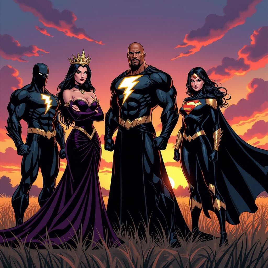Evil Queen and Superhero Allies in Comic Book Style