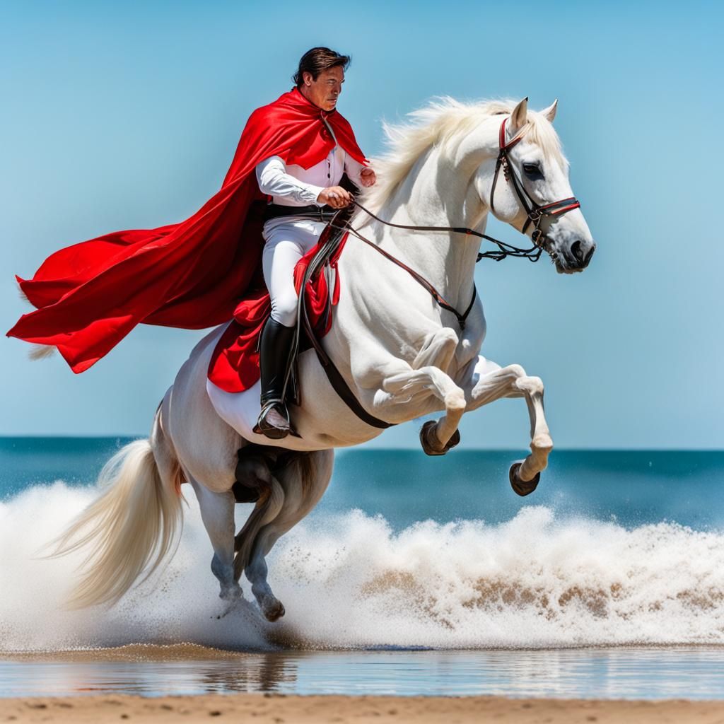 Stallion Rearing on Beach with Scared Rider