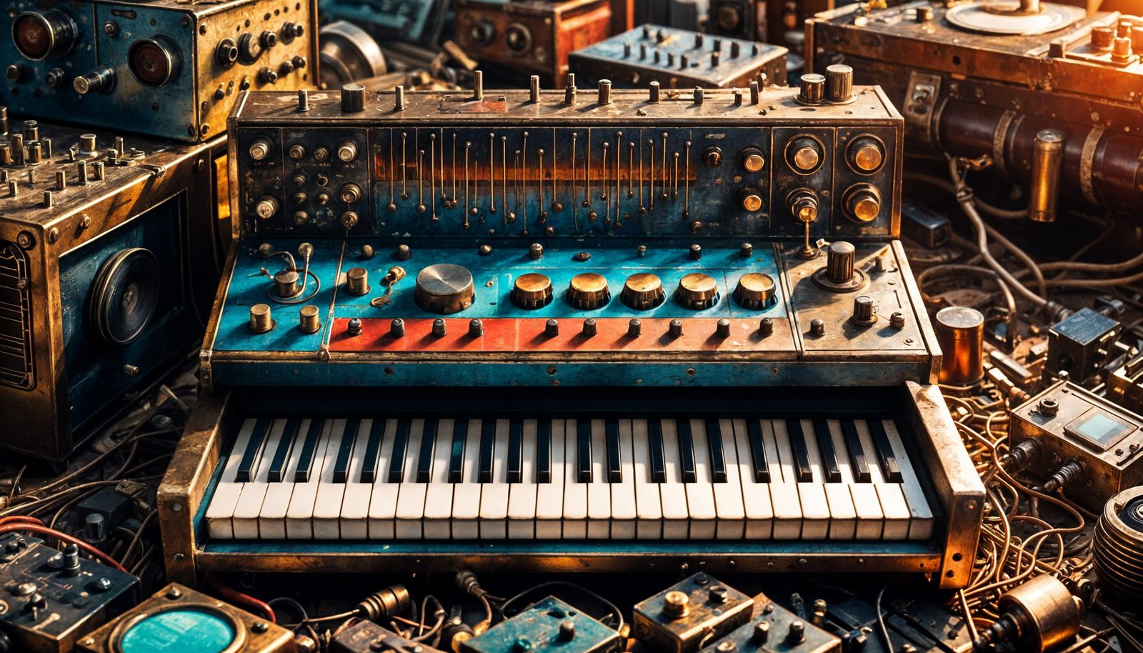 Brightly Colored Junkpile of Broken Synth Instruments