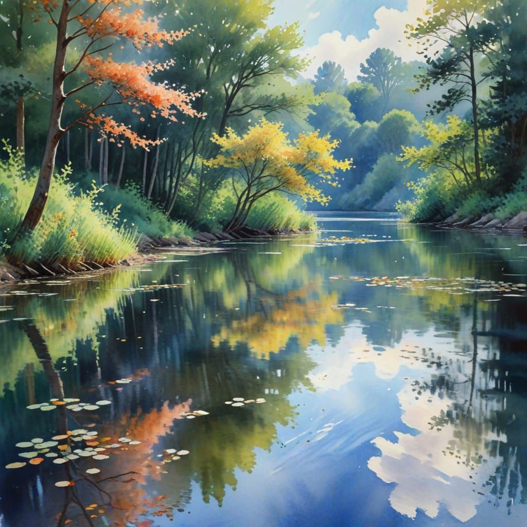 Watercolor Lake Landscape with Fallen Autumn Leaves