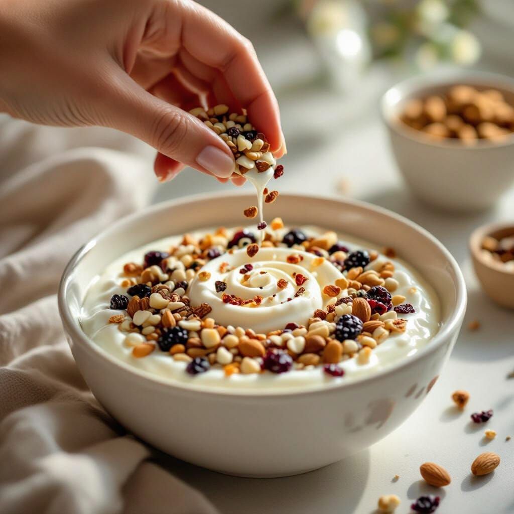 Overhead Yogurt Bowl Topping With Nuts and Seeds