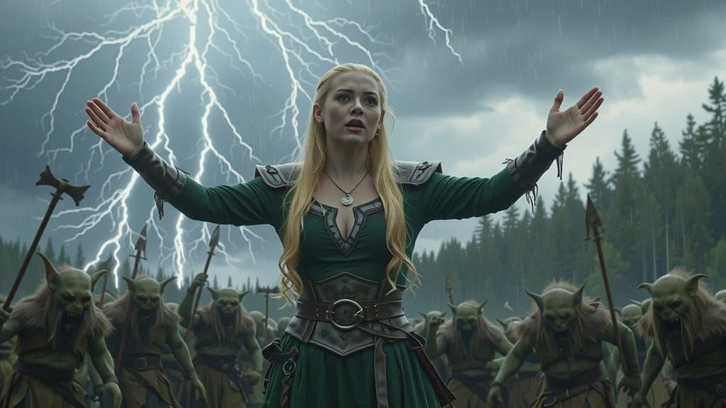 Sorceress Calls Lightning on Goblins in Forest Glade