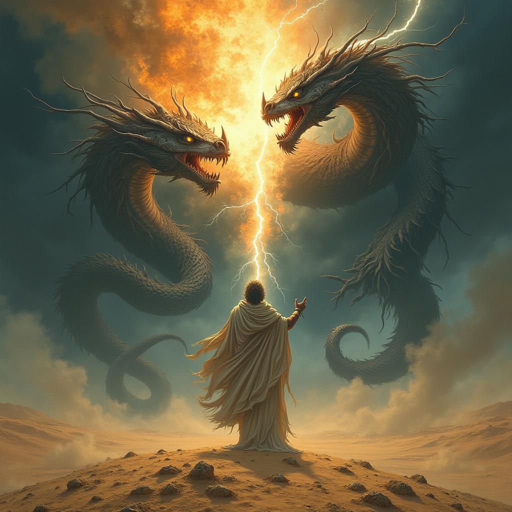 Dragon Man Summons Lightning in Desert Landscape