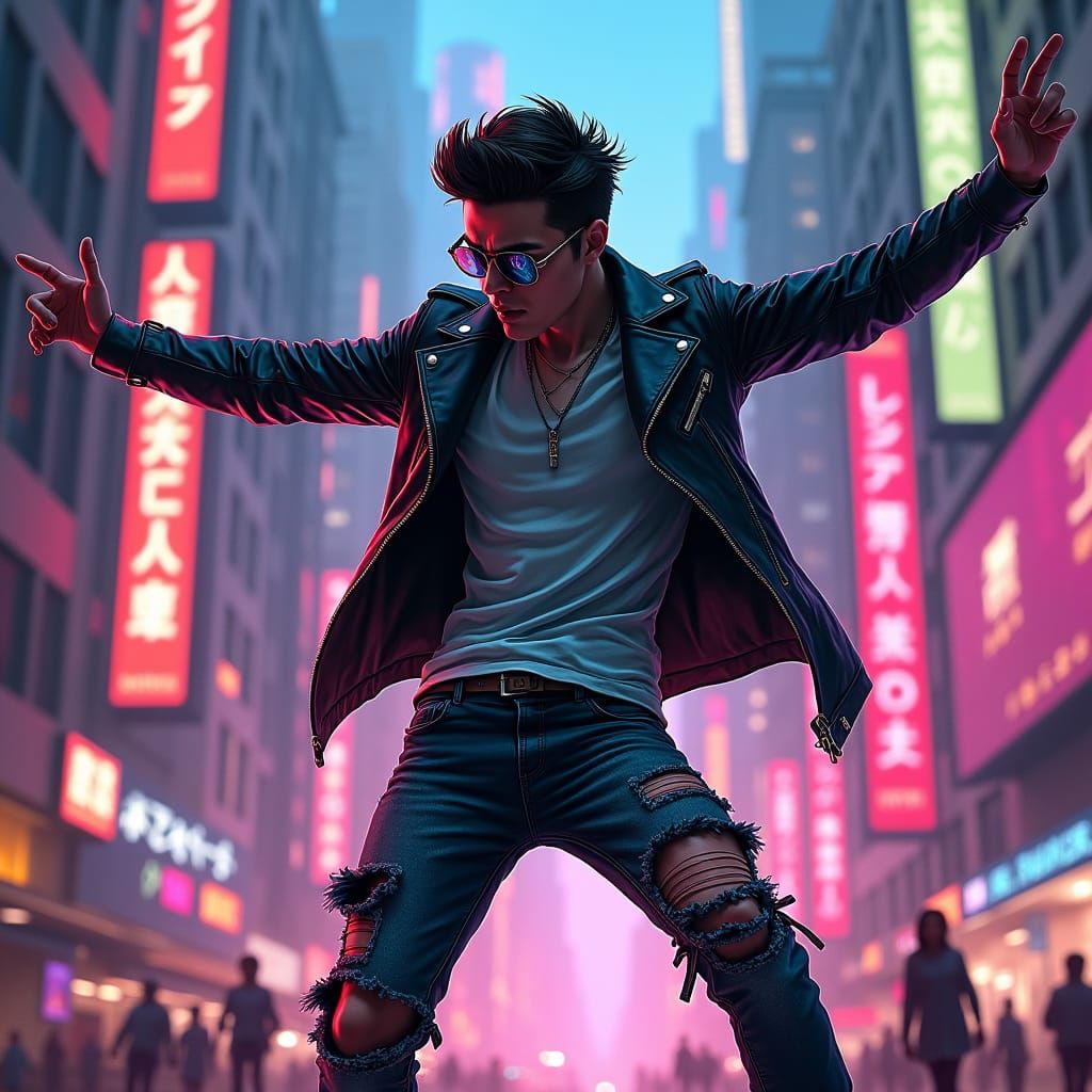 Cyberpunk Dancer in Neon Cityscape