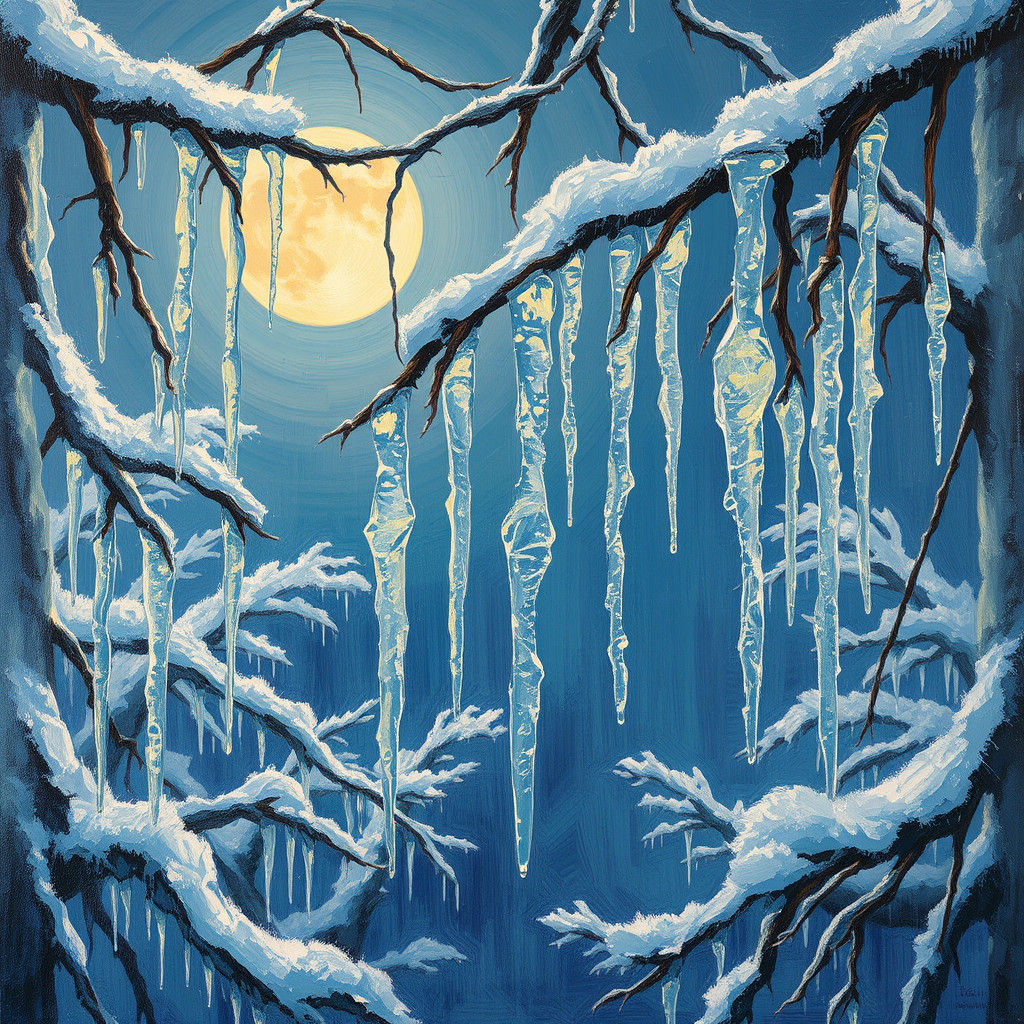 Icy Branches Sway in Winter Breeze, as Impasto Painting