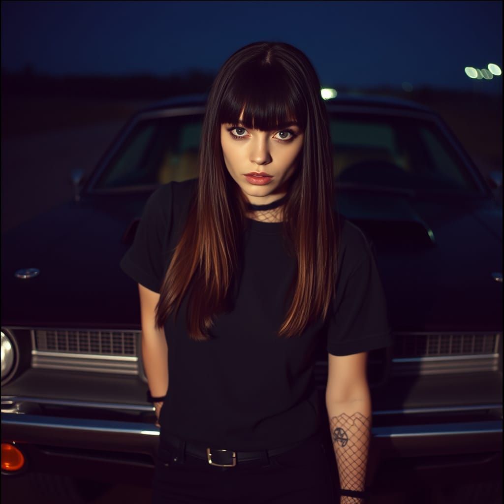 Emo Goth Girl with 1971 Barracuda, Cinematic Film Still