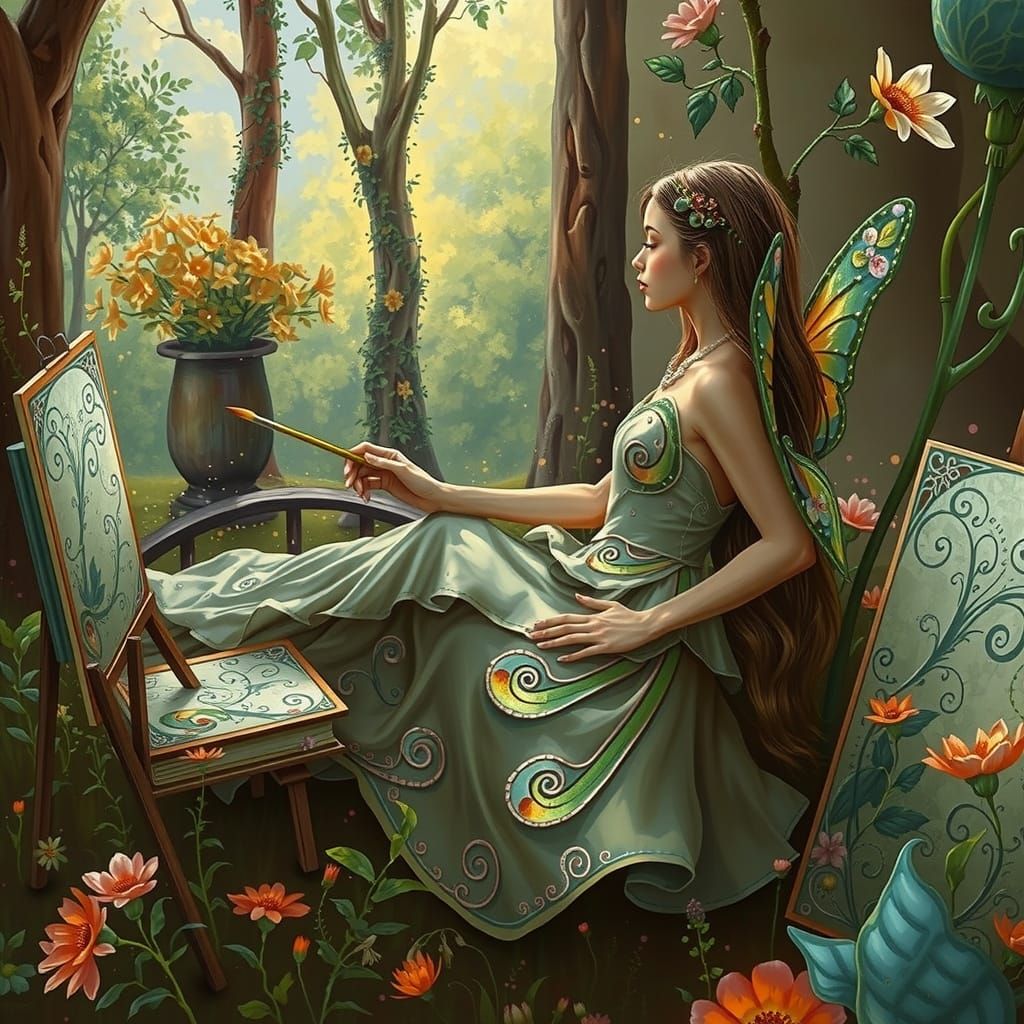 Whimsical Fairy in a Vibrant Art Nouveau-Inspired Meadow