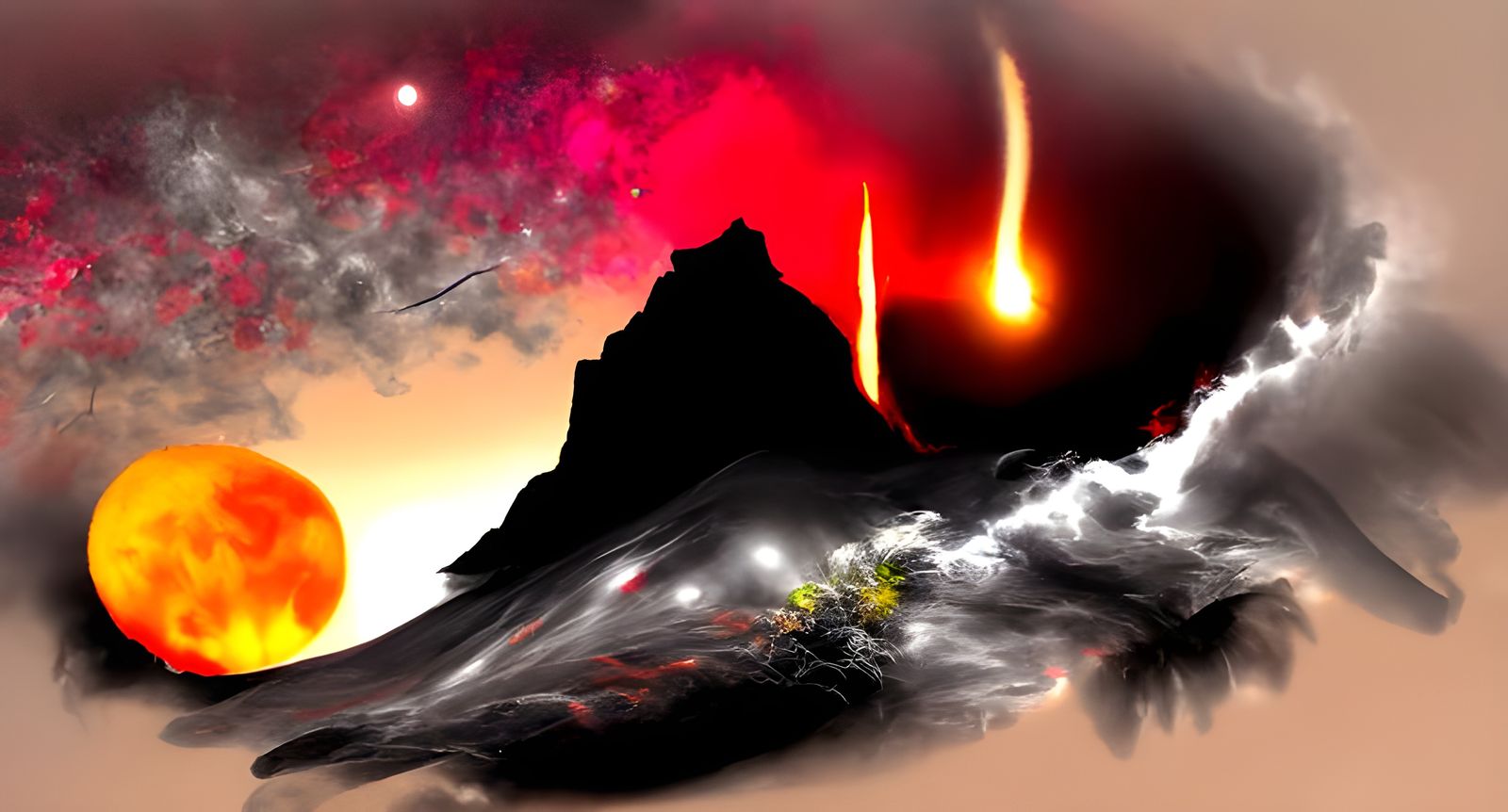Swordsman Watches Volcanic Eruption at Night