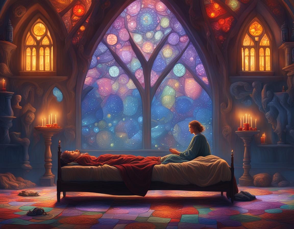 Mystical Sleepless Woman in Bed, Surreal Digital Art