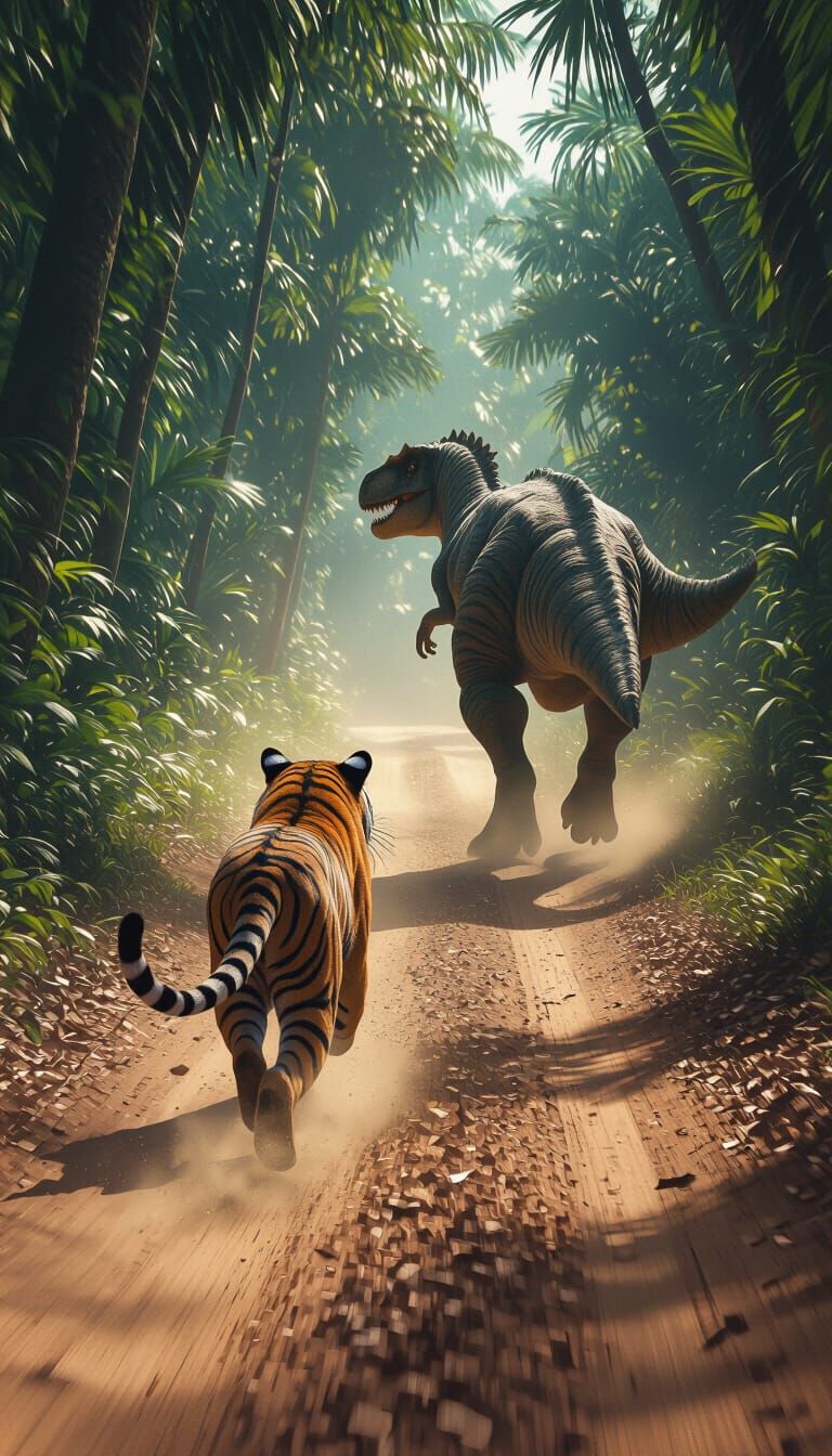 Tiger and Dinosaur Jungle Chase: Hyperrealistic Digital Art