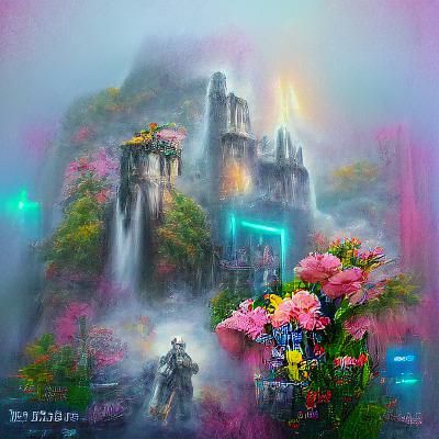 Angelic Castle in Misty Falls: A Cyberpunk Fantasy