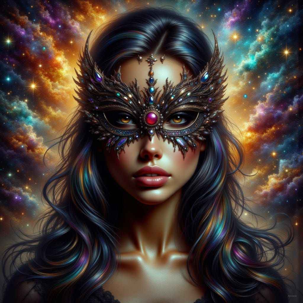 Mysterious Woman in Jeweled Mask Against Cosmic Nebula