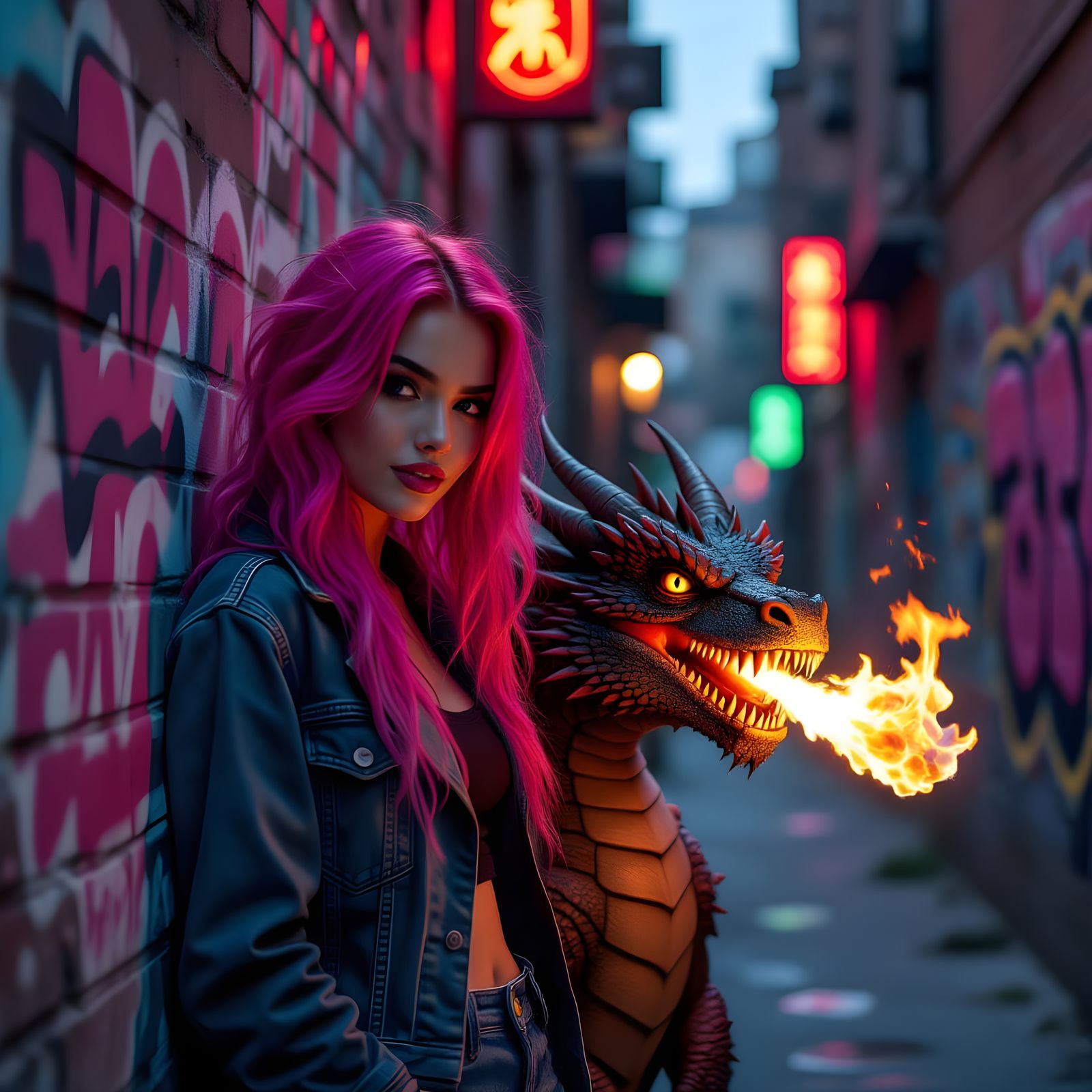 Rebellious Woman and Dragon in Neon Alleyway