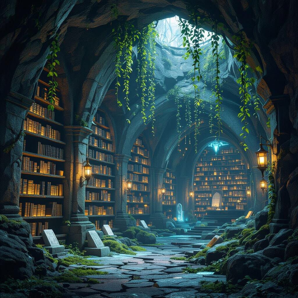 Ancient Mountain Cavern Library in Medieval Fantasy Style