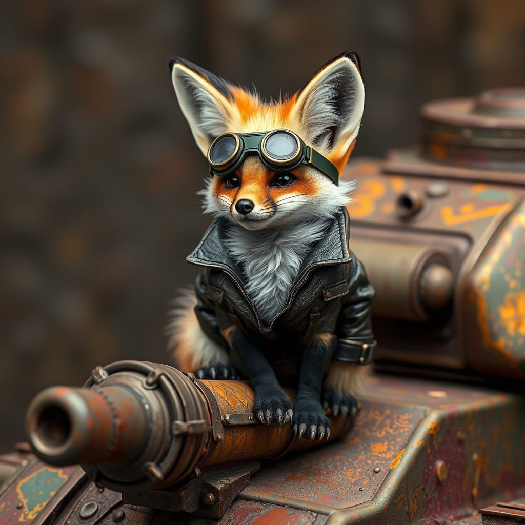 Cute Fennec Fox on Tank Cannon in Detailed Style