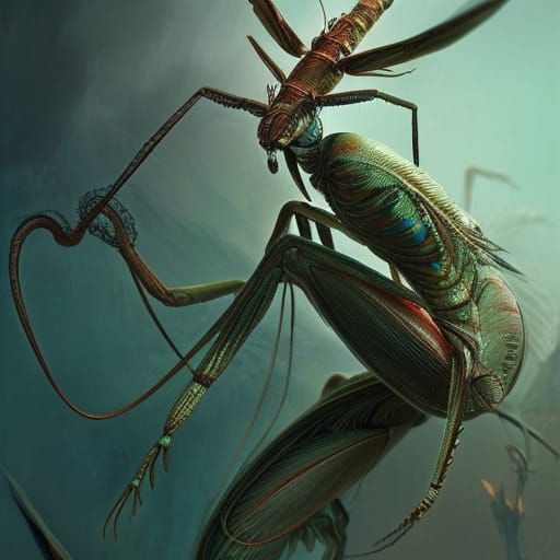 Hyperrealistic Praying Mantis Human Hybrid in Acrylic