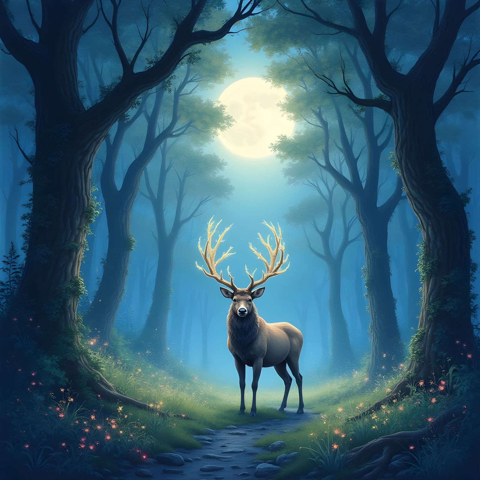 Moonlit Forest Clearing with Bioluminescent Flora