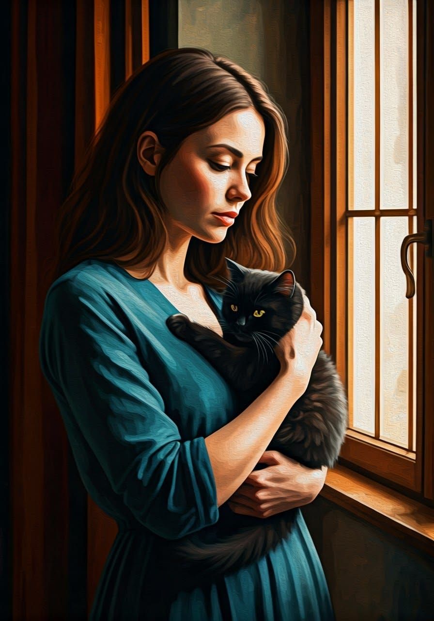 Woman Lost in Thought by Ornate Window with Cat