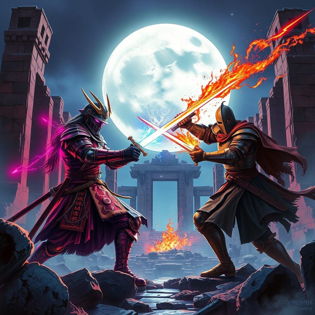 Epic Cyberpunk Duel in Ancient Temple