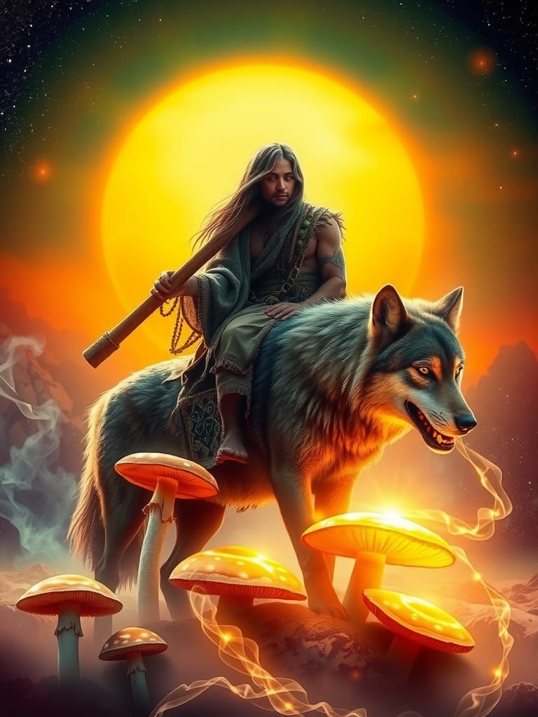 Mystical Shaman Riding a Wolf in a Cosmic Landscape