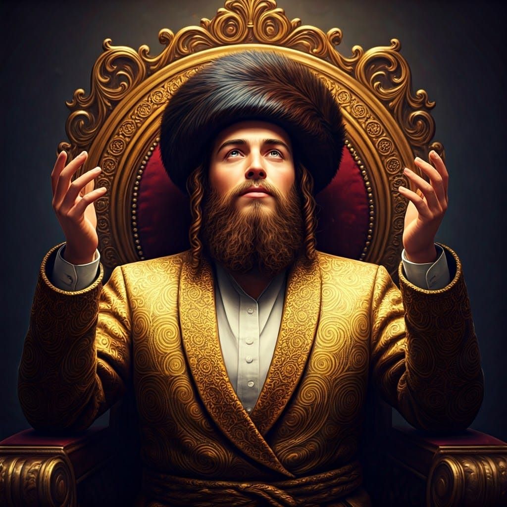 Regal Hasidic Jew in Lavish Golden Attire Raises Hands to th...