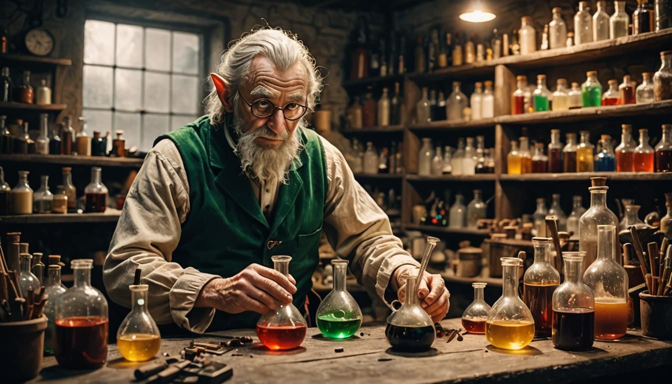 Elf Alchemist in Basement Laboratory Photograph