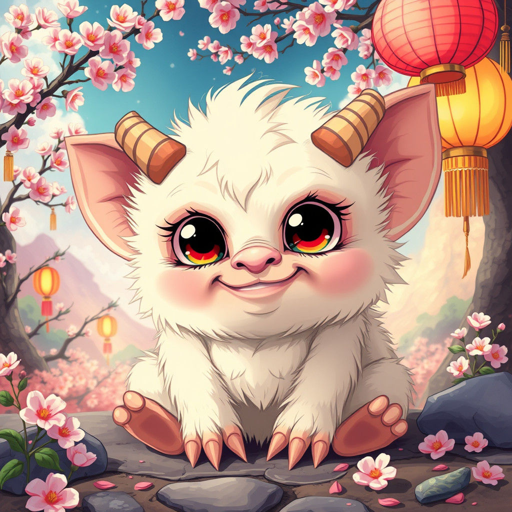 Adorable Fluffy Gremlin in Anime Style Cherry Garden