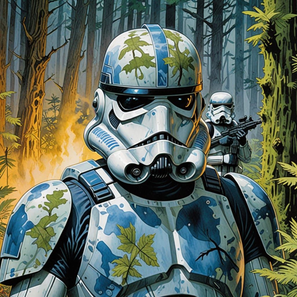 Stormtroopers in Forest Camouflage: Watercolor Comic Book Ar...